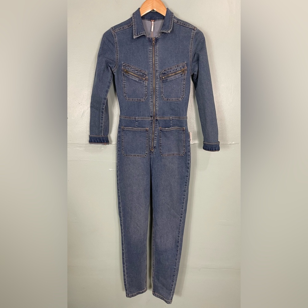 Free People Lennox Jumpsuit Coveralls Denim Jumpsuit One Piece Blue‎ Women Small - Picture 2 of 11
